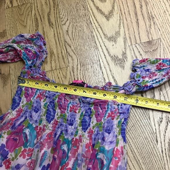 BETSY JOHNSON SILK FLORAL OFF THE SHOULDER‎ SMOCKED PUFF SLEEVES MINI DRESS SZ S - Picture 6 of 10